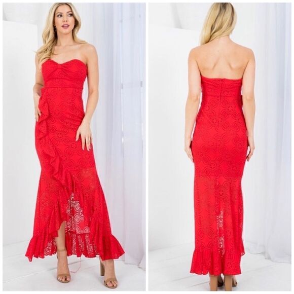 Lipstick Red Long Lace Formal Gown Strapless Flowy Maxi Dress - Picture 6 of 8